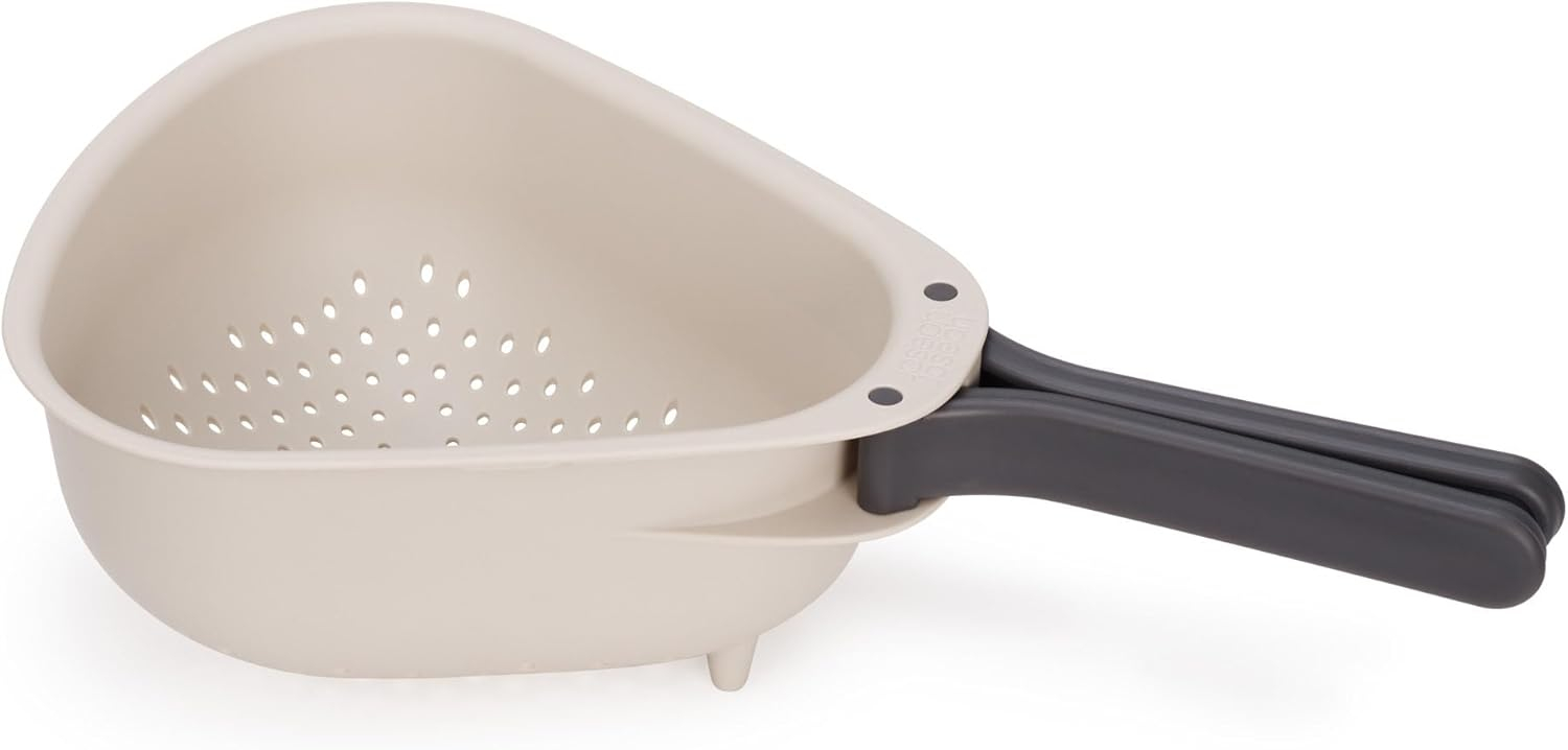 Compact Beige and Black Plastic Colander with Folding Handles