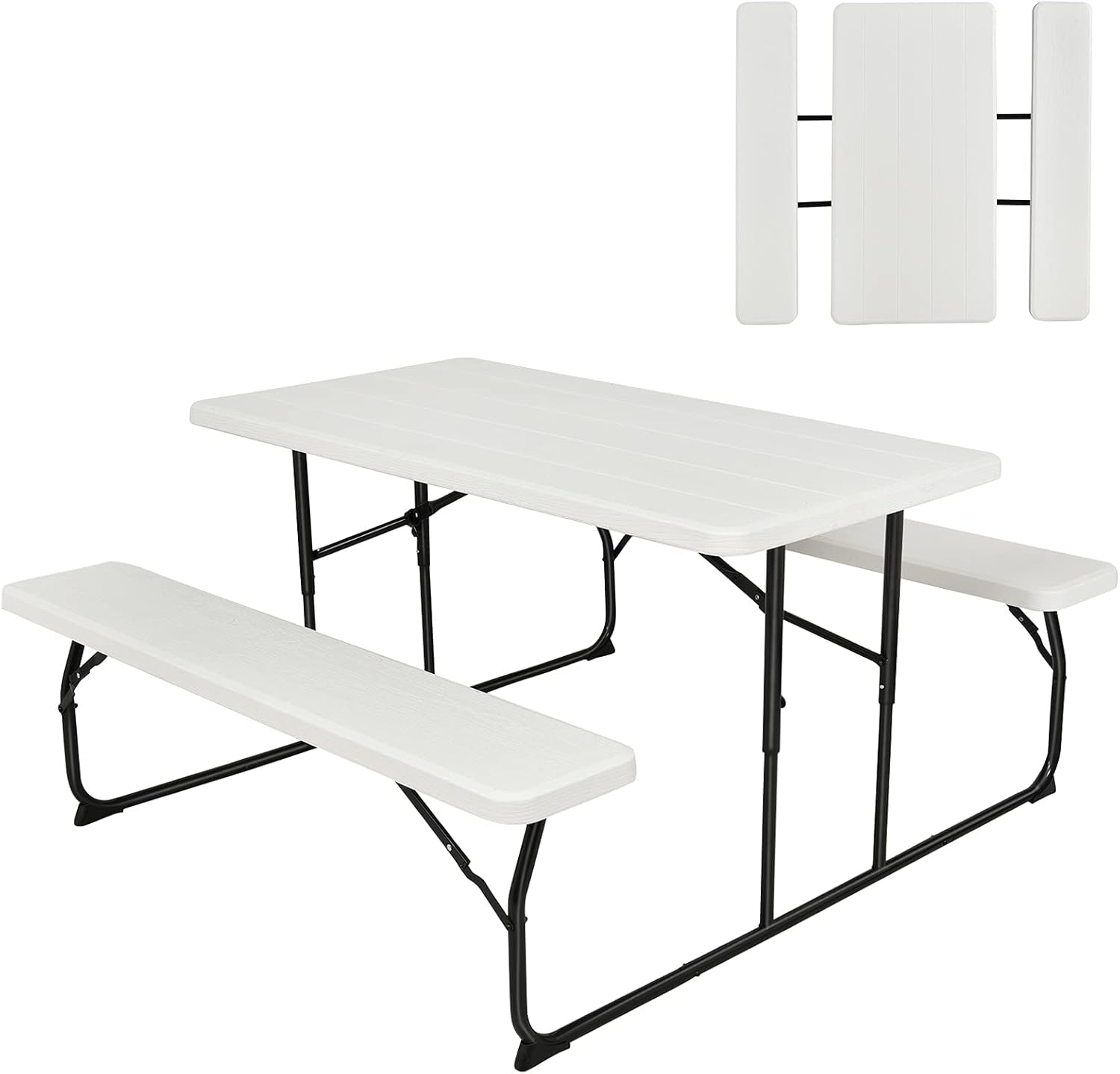 Topcobe Indoor and Outdoor Folding Picnic Table Bench Set with Wood-like Texture, Outdoor Patio Furniture for Balcony Garden Backyard-White