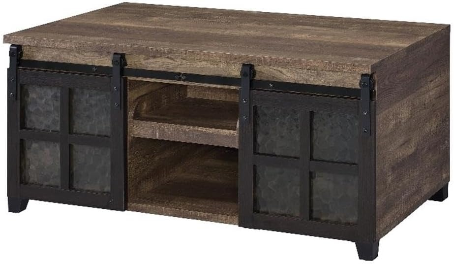 DremFaryoyo Nineel Coffee Table  Obscure Glass  Rustic Oak & Black Finish 87955
