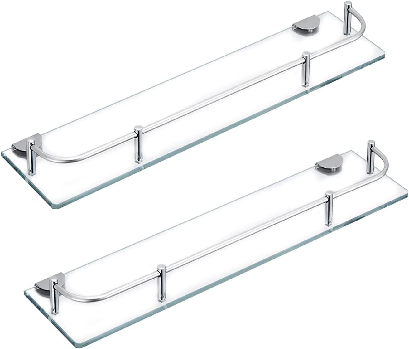 Glass Bathroom Shelves, Rectangular Tempered Glass Floating Shelves for Wall with 304 Stainless Steel Rail and Zinc Alloy Bracket, 2 Pack