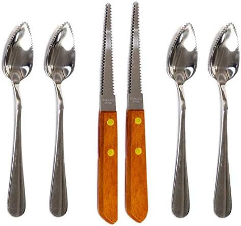 Four (4) Grapefruit Spoons and 2 Grapefruit Knives, Stainless Steel, Serrated Edges