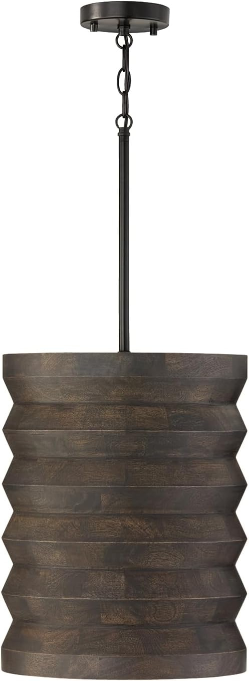 14" W x 18" H 1-Light Pendant in Matte Black and Handcrafted Mango Wood in Espresso Stain