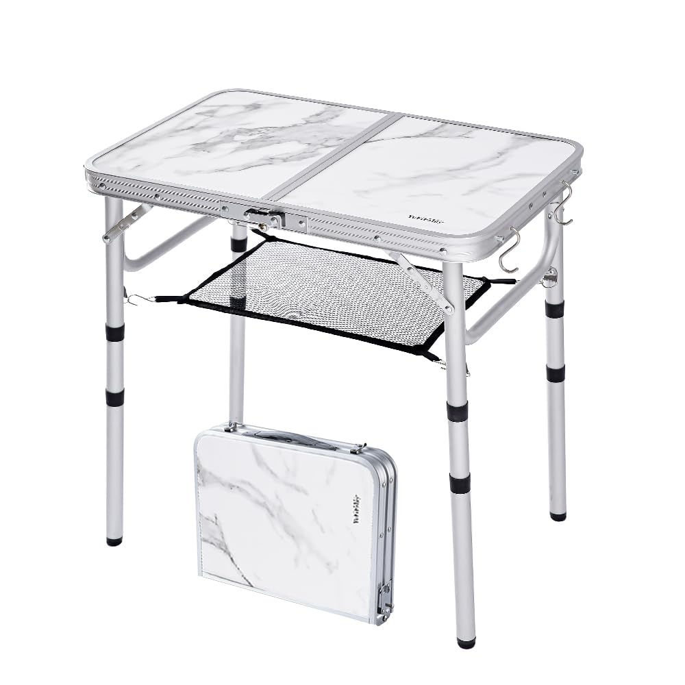 Small Folding Table with Mesh Layer, 3 Adjustable Heights Aluminum Lightweight Portable Folding Table with Extension Legs, Camping Table for RV, Picnic and Indoor