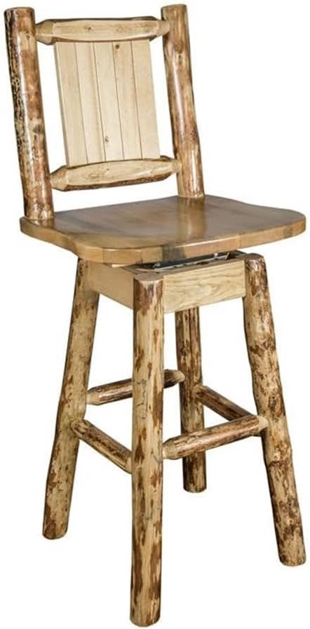 Rustic Lodge Pole Pine Swivel Barstool with Laser-Engraved Wolf