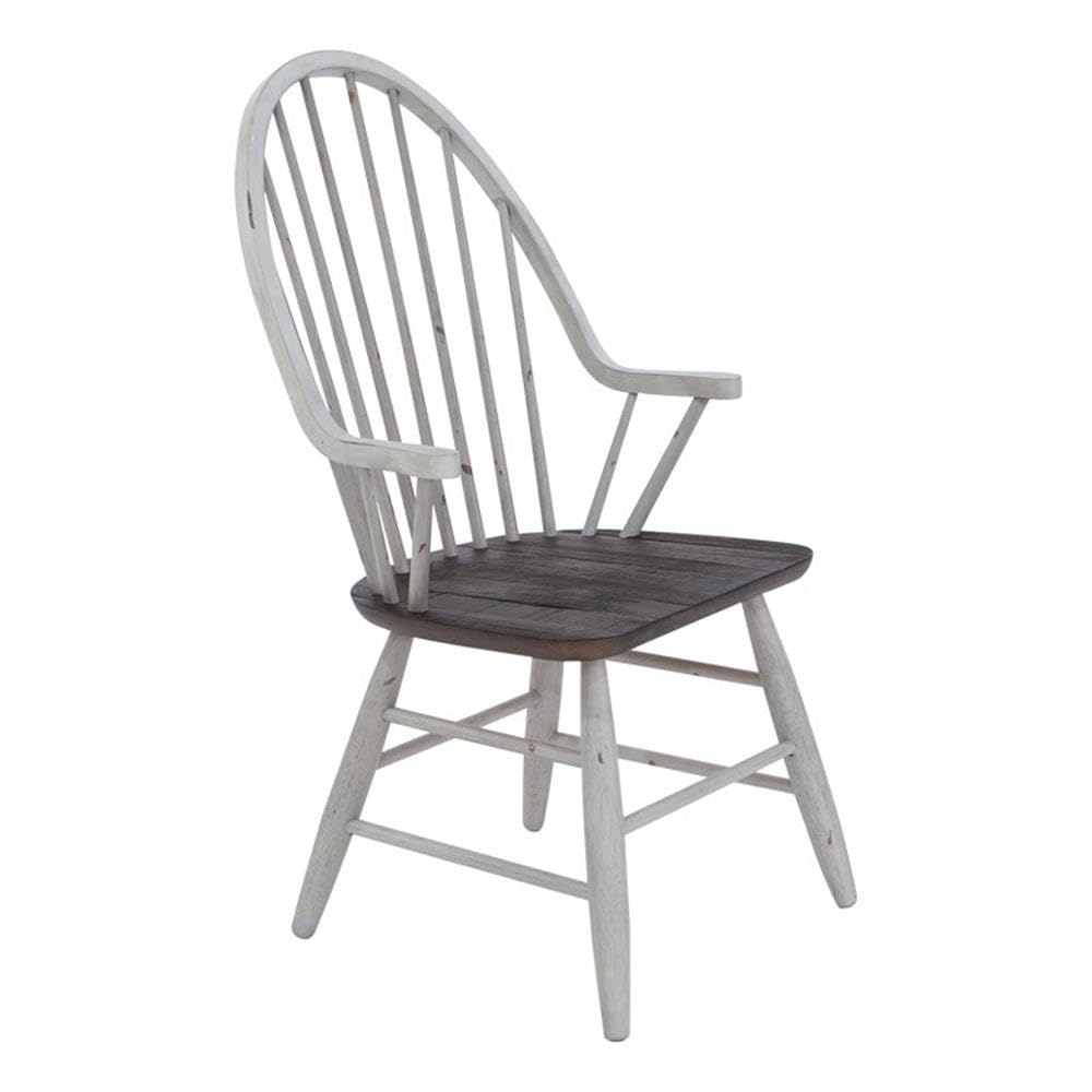 Farmhouse Transitional Rubberwood White Windsor Back Arm Chair