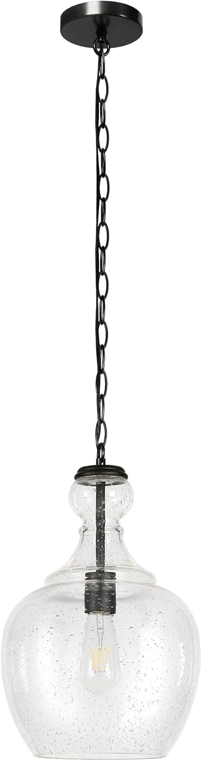 Evelyn&Zoe 11" Blackened Bronze Metal/Glass Pendant