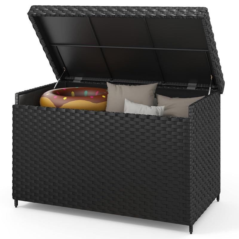 DWVO 230 Gallon Outdoor Storage Box, Weather-Proof Wicker Deck Box, XXL Outside Storage Container for Patio Furniture, Cushions, Pool Storage and Garden Tools, Black