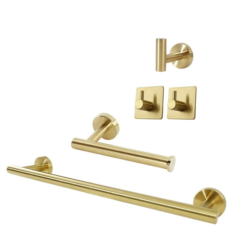 5 PCS Bathroom Hardware Set SUS304 Stainless Steel-Towel Rack Set Include Lengthen Hand Towel Bar+Toilet Paper Holder+3 Robe Towel Hooks Bathroom Accessories Towel Bar Set (Brushed Gold, 16IN)