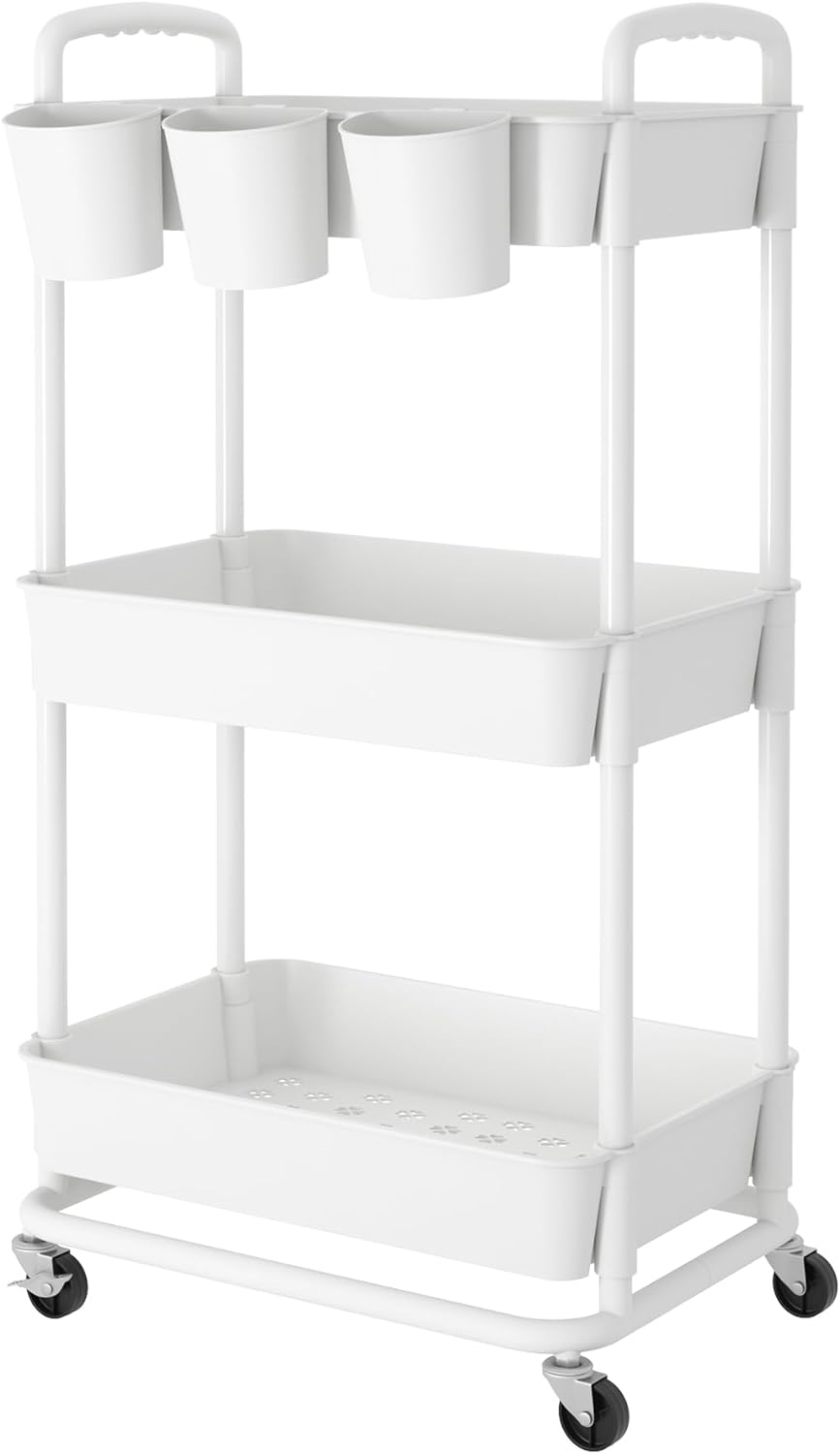 JIUYOTREE 4-Tier Plastic Rolling Storage Cart Utility Cart with Extra Hanging Cups Handles Lockable Wheels for Living Room Bathroom Kitchen Office Green