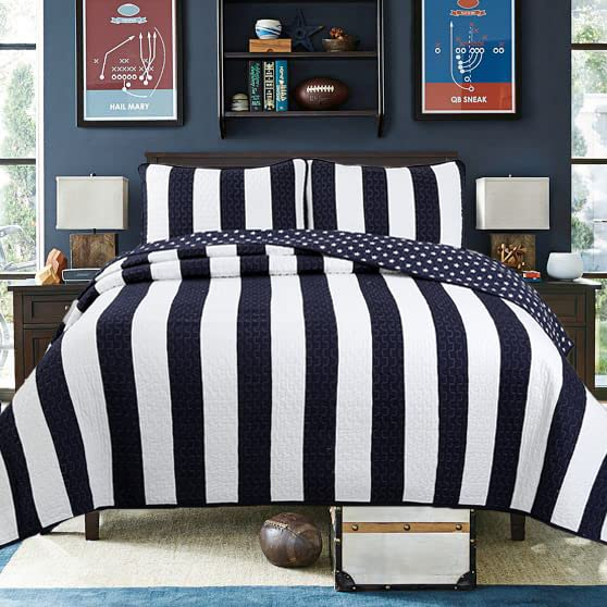 Navy Blue and White Striped Microfiber King Quilt Set