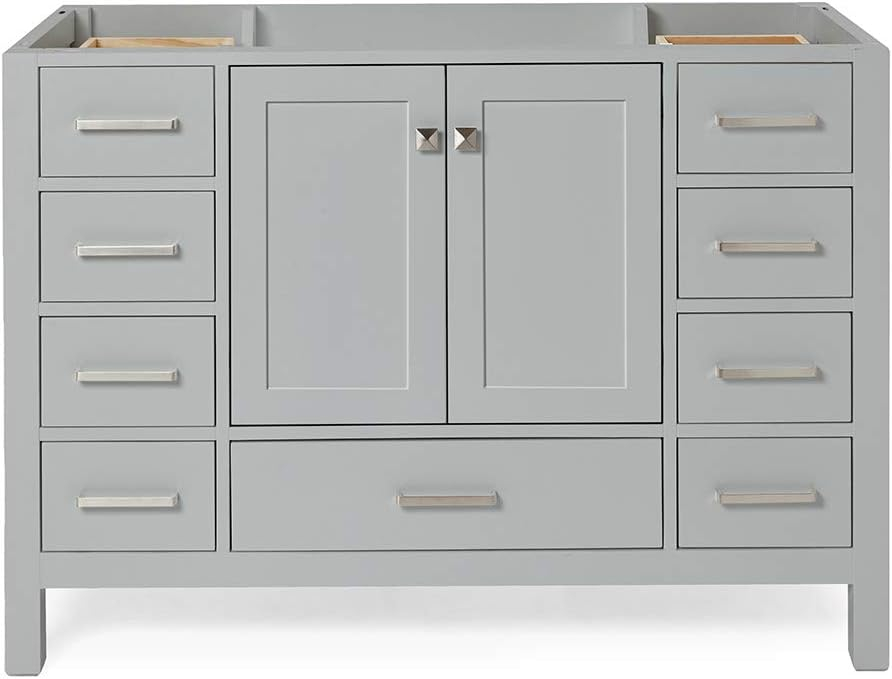 ARIEL 48" Grey Bathroom Vanity Base Cabinet, Single Sink Configuration, 2 Soft Closing Doors, 9 Full Extension Dovetail Drawers, Brushed Nickel