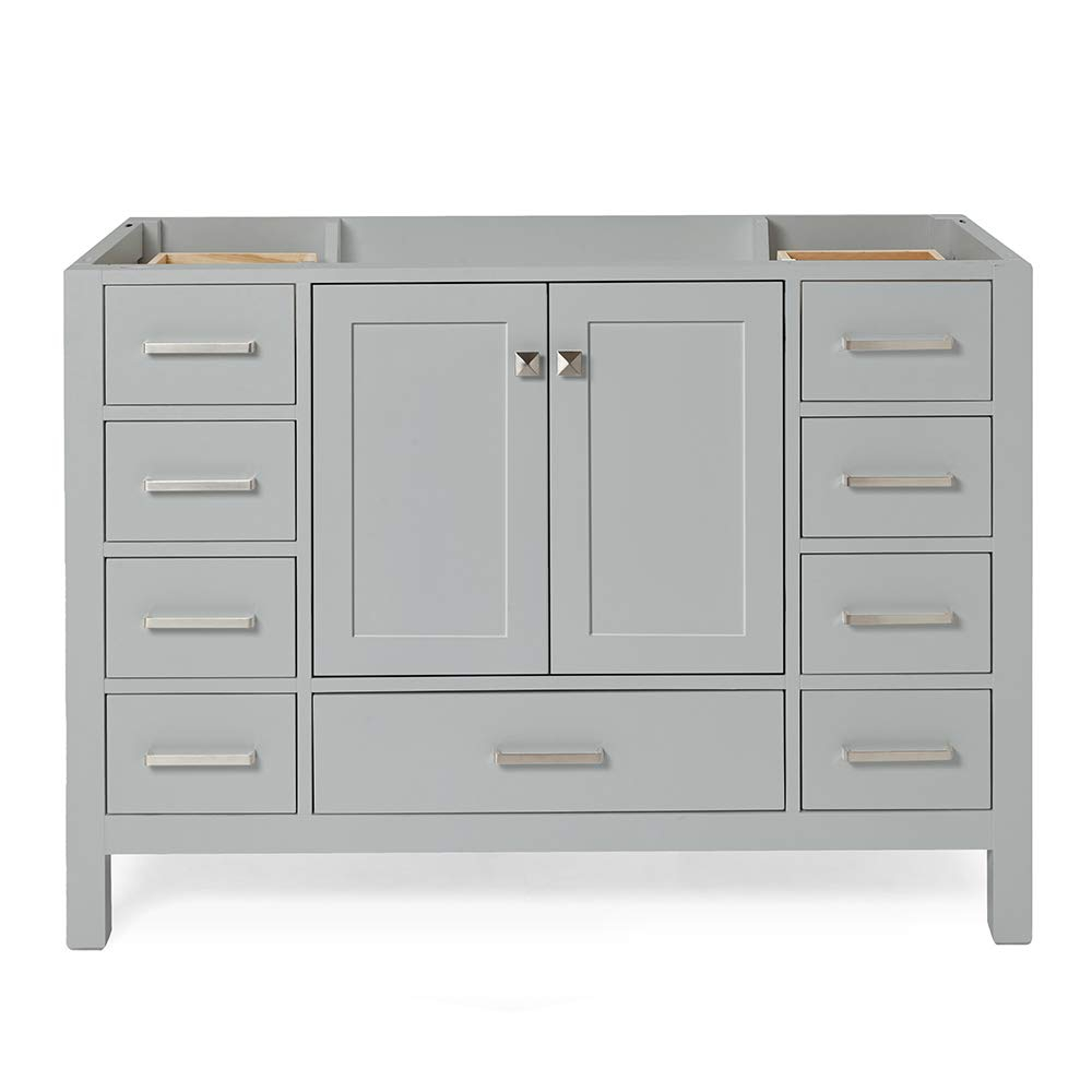 ARIEL 48" Grey Bathroom Vanity Base Cabinet, Single Sink Configuration, 2 Soft Closing Doors, 9 Full Extension Dovetail Drawers, Brushed Nickel