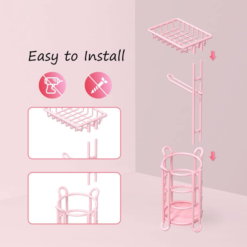 Pink Toilet Paper Holder Stand Tissue Holder for Bathroom Floor Standing Toilet Roll Dispenser Storage 4 Reserve Mega Rolls, Phone, Wipes