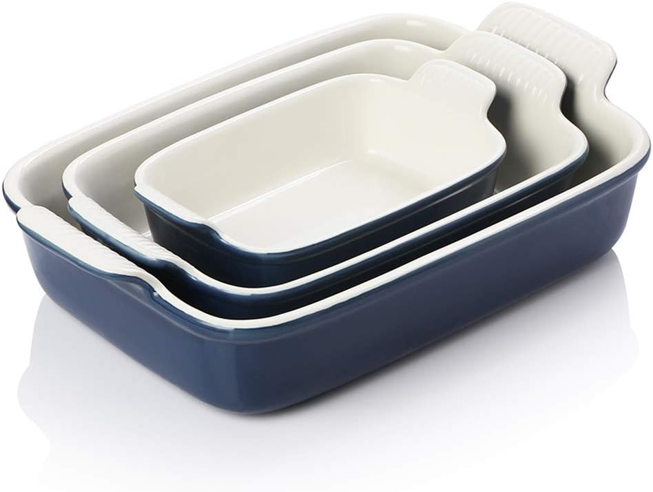 SWEEJAR Rectangular Ceramic Bakeware Set, Non-Stick Roasting Pan with Handles Baking Dishes,Casserole Pans for Cake Dinner, Set of 3 - Navy