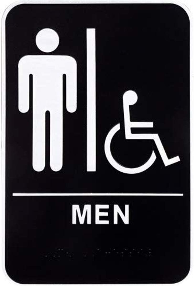Black and White Men's Handicapped Restroom Sign with Braille, 6" x 9"