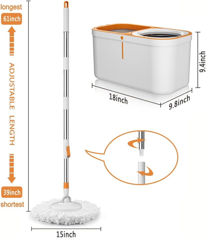 Spin Mop Bucket with Wringer System Extended Mop Handle 61＂Mop and Bucket for Floors Cleaning with 5 Replacement Head Refill 1 Cleaning Brush Head