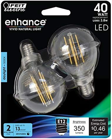 Feit Electric LED Filament 40 -Watt EQ G16.5 Daylight Candelabra base (E-12) Dimmable LED Decorative Light Bulb 2 -Pack