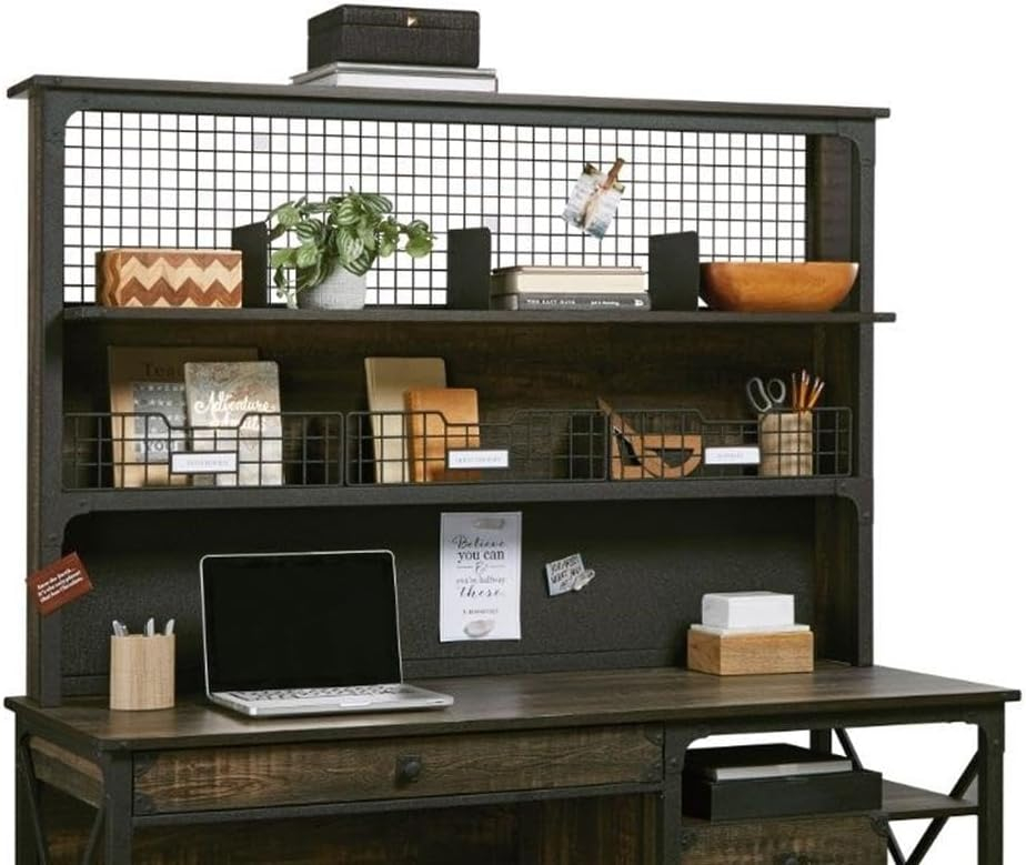 Sauder Steel River Industrial Desktop Hutch, Carbon Oak Finish