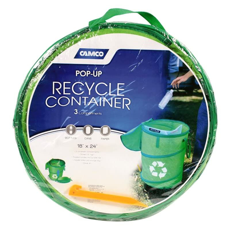 Camco 42983 Pop-Up Recycle Container with Zip-to-Close Lid - 18" x 24", Green