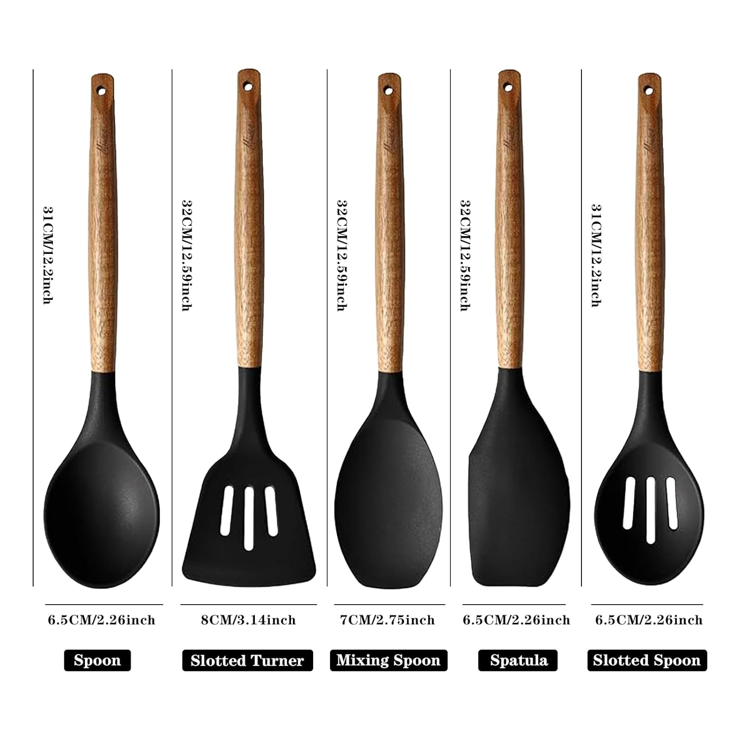 Kitchen Utensils Set, Silicone Cooking Utensils Set,Non-Stick Silicone Spatula Set with Natural Acacia Hard Wood Handle, 5 Piece, Upgraded Thickened Cookware