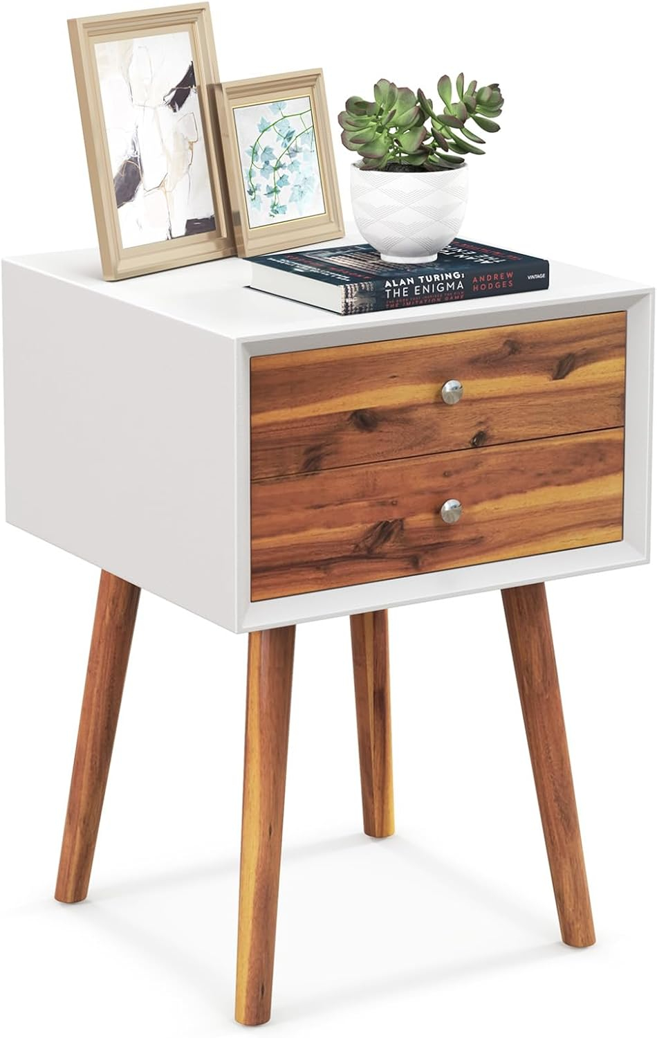 Giantex Mid Century Modern Nightstand, Wooden Bedside Tables w/ 2 Storage Drawers & Solid Wood Legs, Practical End Side Table for Living Room Bedroom, White & Walnut