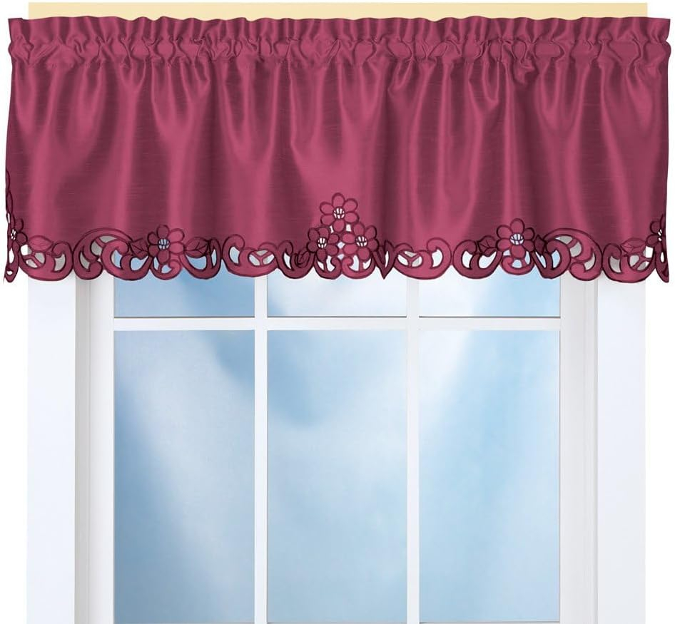 Collections Etc Elegance Scroll Embroidered Cut-Out Window Valance with Rod Pocket Top for Easy Hanging, 58" W x 13" L, Burgundy