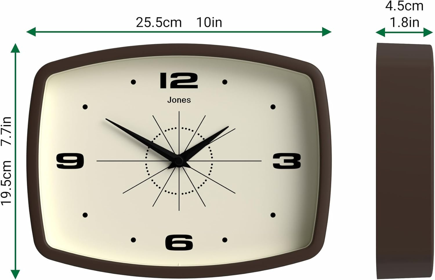 JONES CLOCKS® Movie Wall Clock | Retro Rectangular Clock | 10 inch | Mocha Brown | Cool Designer Look for Kitchen, Living Room or Office