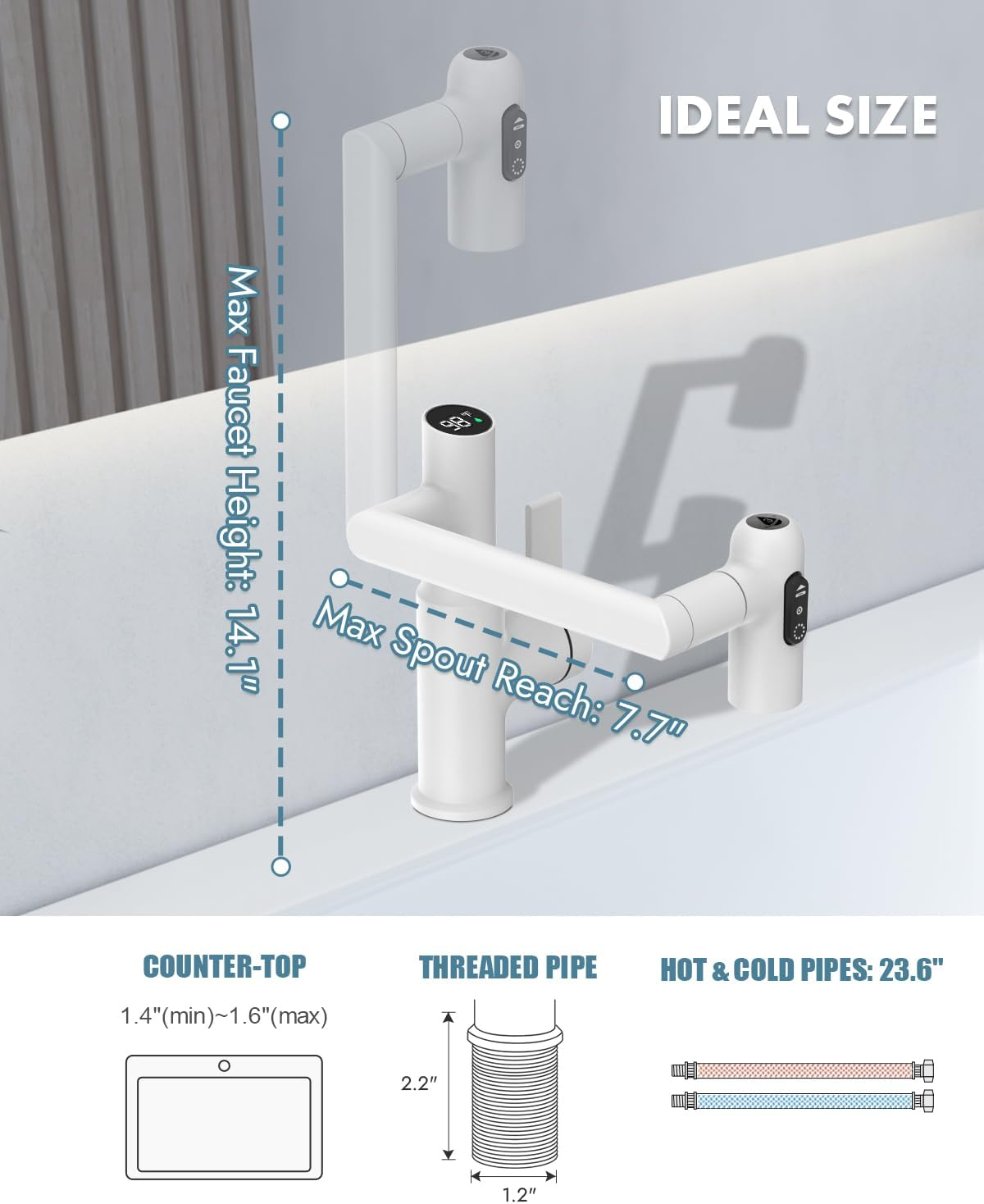 Lefton Rotatable Bathroom Faucet with Temperature Display (Batteries-Free), 3 Water Outlet Modes, White, BF2204-4