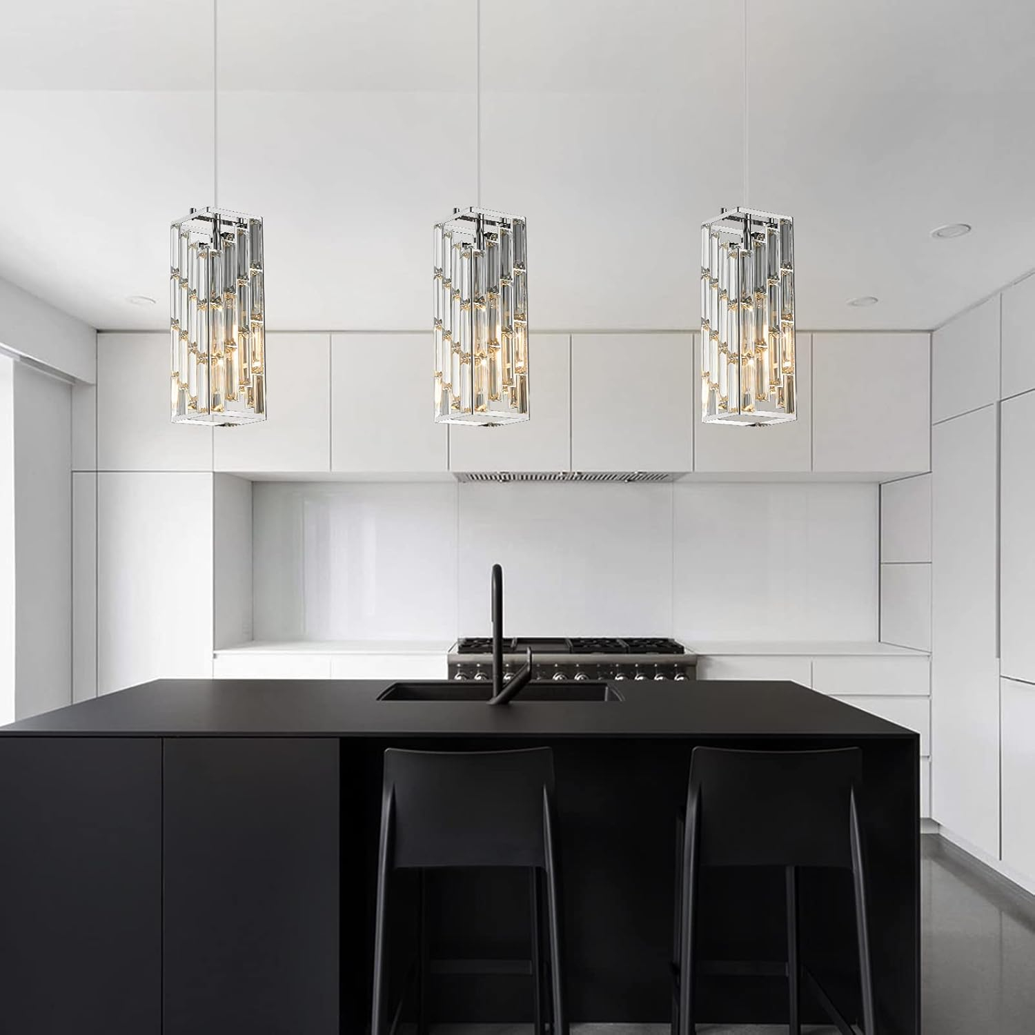 Miniyam Modern Crystal Pendant Light, 3-Pack Adjustable Hanging Ceiling Lamp for Dining Room, Chrome