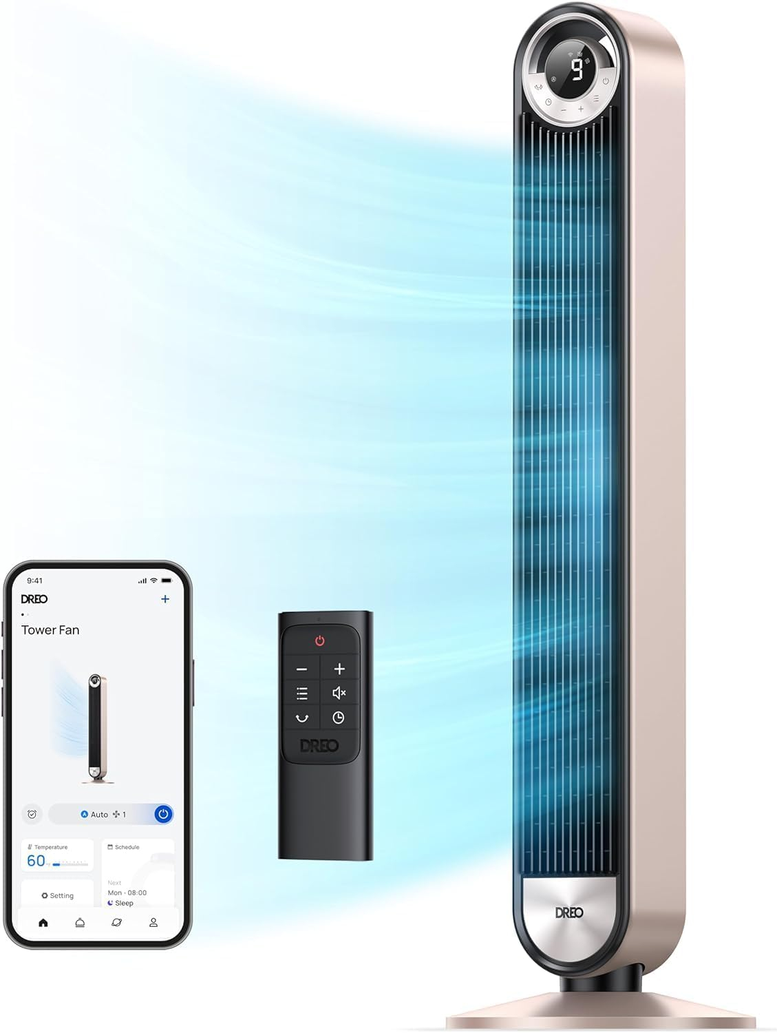 Dreo Smart Tower Fans for Home, 90° Oscillating Fan Bedroom Indoors, Voice Control Floor with 12H Timer, 42 Inch Quiet Bladeless Standing LED Display, 9 Speeds, Work Alexa/Google