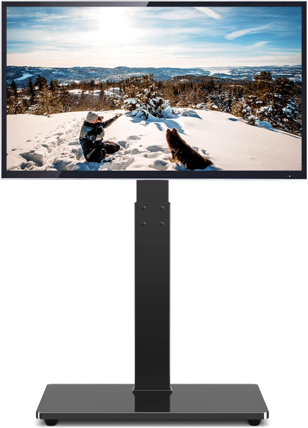 TAVR Universal Floor TV Stand Base for 32-75 Inch TVs up to 110 Lbs with Swivel Height Adjustable Mount, Black Tempered Glass Base for Media Storage and Space Saving