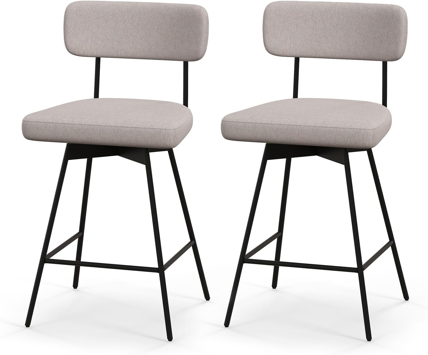 Drevy Bar Stools Set of 2, 25” Upholstered Counter Height Bar Stools with Back, 360° Swivel Dining Chairs with Heavy-Duty Metal Legs and Footrests, for Kitchen Island, Dining Room, Bar (2, Beige)