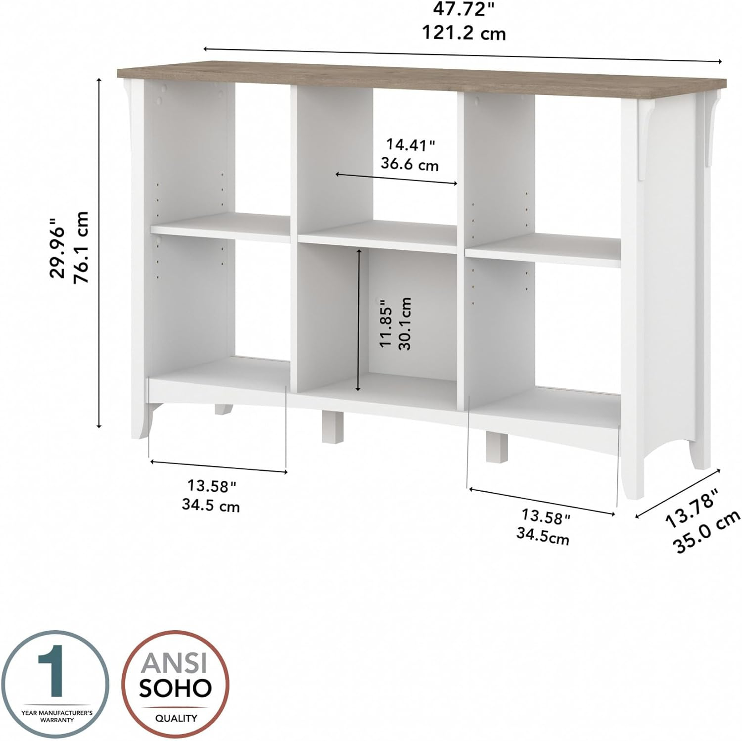 Bush Furniture Salinas 6 Cube Bookcase Organizer, Shiplap Gray & Pure White