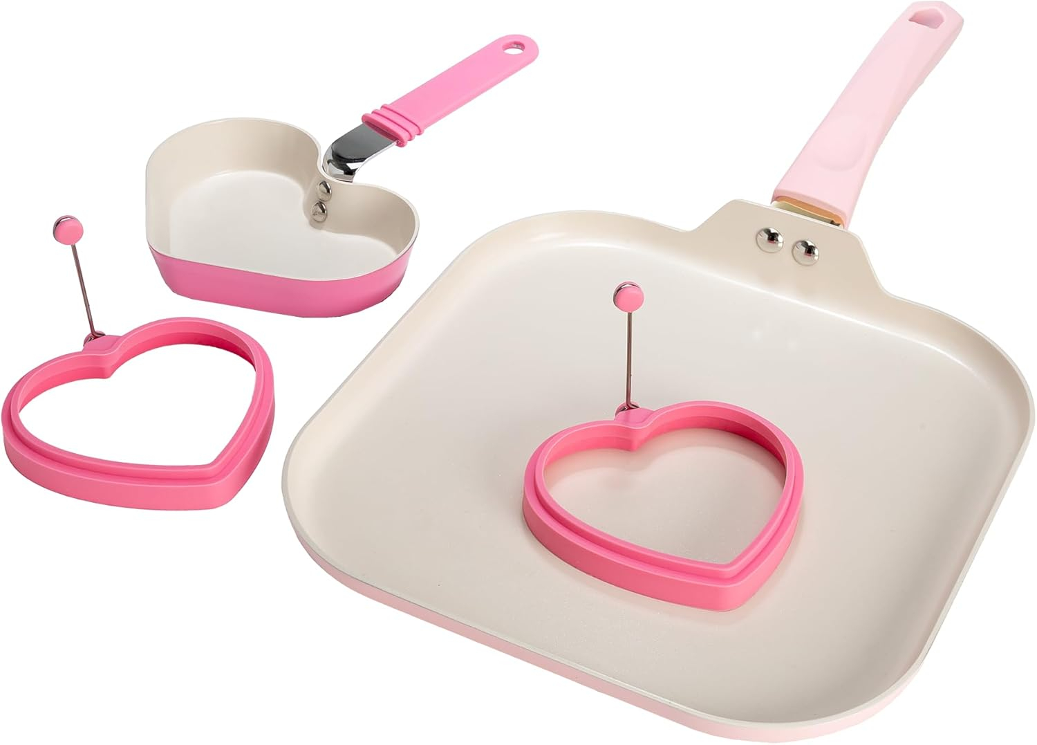 Pink Ceramic Nonstick Breakfast Cookware Set with Heart Shapes, 4-Piece