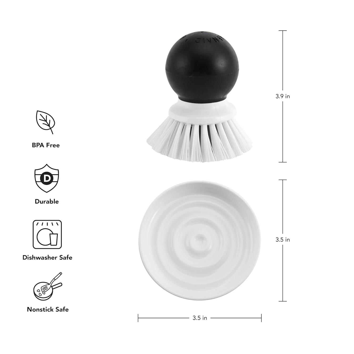 Compact Black and White Plastic Palm Brush with Holder