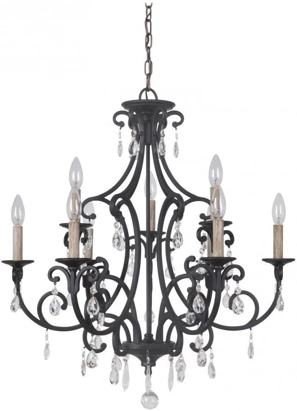 Matte Black 9-Light Wrought Iron Chandelier with Crystal Accents