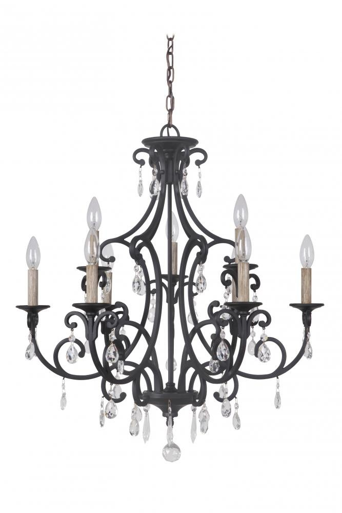 Matte Black 9-Light Wrought Iron Chandelier with Crystal Accents