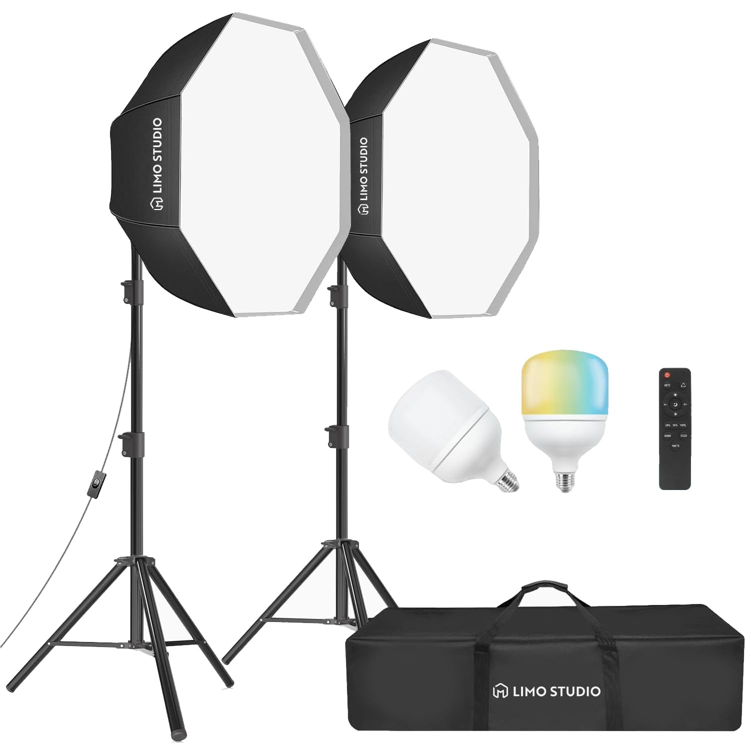 LimoStudio [2 Pack] LED Remote Control, 27 inch Octagon Diameter Softbox Continuous Lighting Kit, 3000K-6500K Adjustable Color Temperature, 7600 Lumen, 95>CRI, Soft Box Light Diffuser, AGG3039