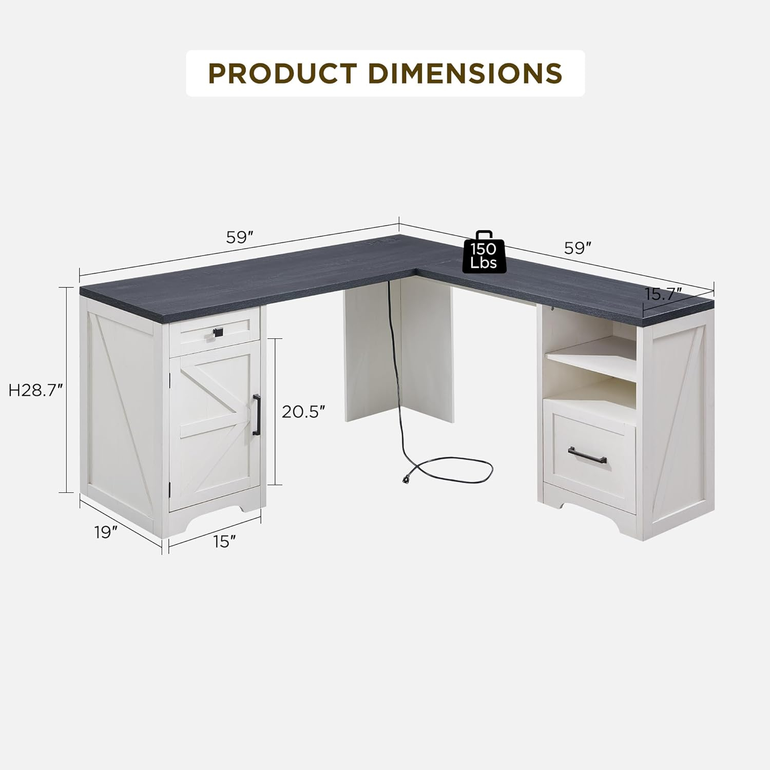 JXQTLINGMU Home Office Desk, Modern Farmhouse Computer Desk with File Cabinet Letter T4 F4 Legal, Study Writing Desk, 59 Inch, Off White