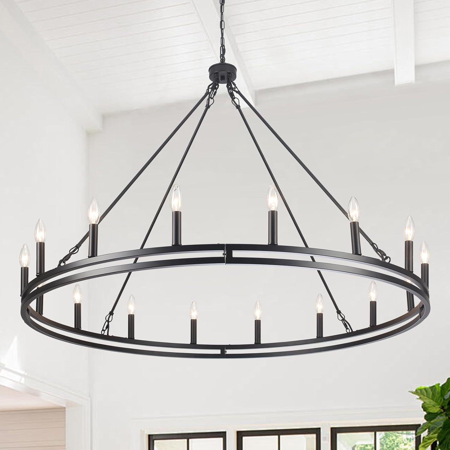 16-Lights Wagon Wheel Chandelier 47 Inch Black Farmhouse Chandelier Large Chandeliers for High Ceilings Round Modern Farmhouse Chandeliers Ceiling Light for Living Room Dining Room Foyer Entryway