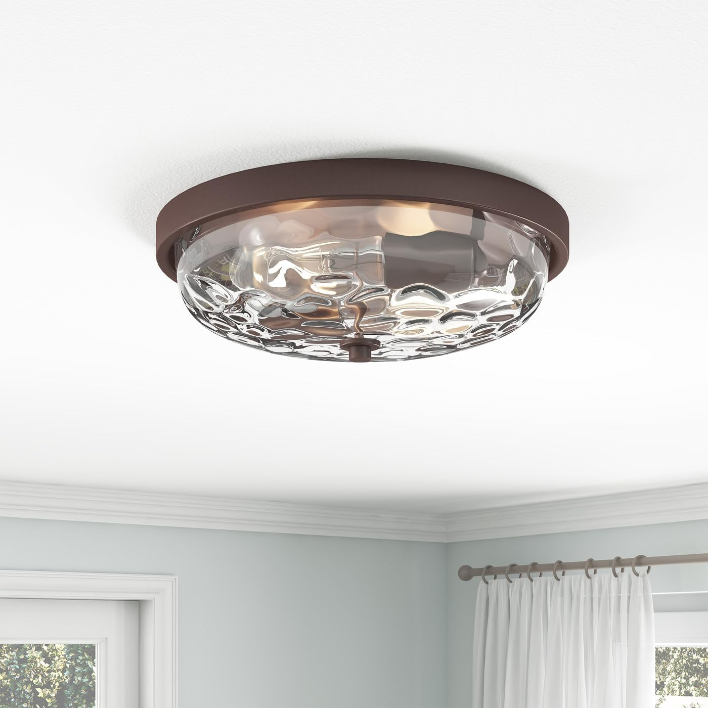 Aiwen Modern 12.99 in 2 Light Close to Ceiling Lights Farmhouse Oil Rubbed Bronze Flush Mount Ceiling Light Fixture with Water Ripple Glass Shade for Bedroom Hallway E26