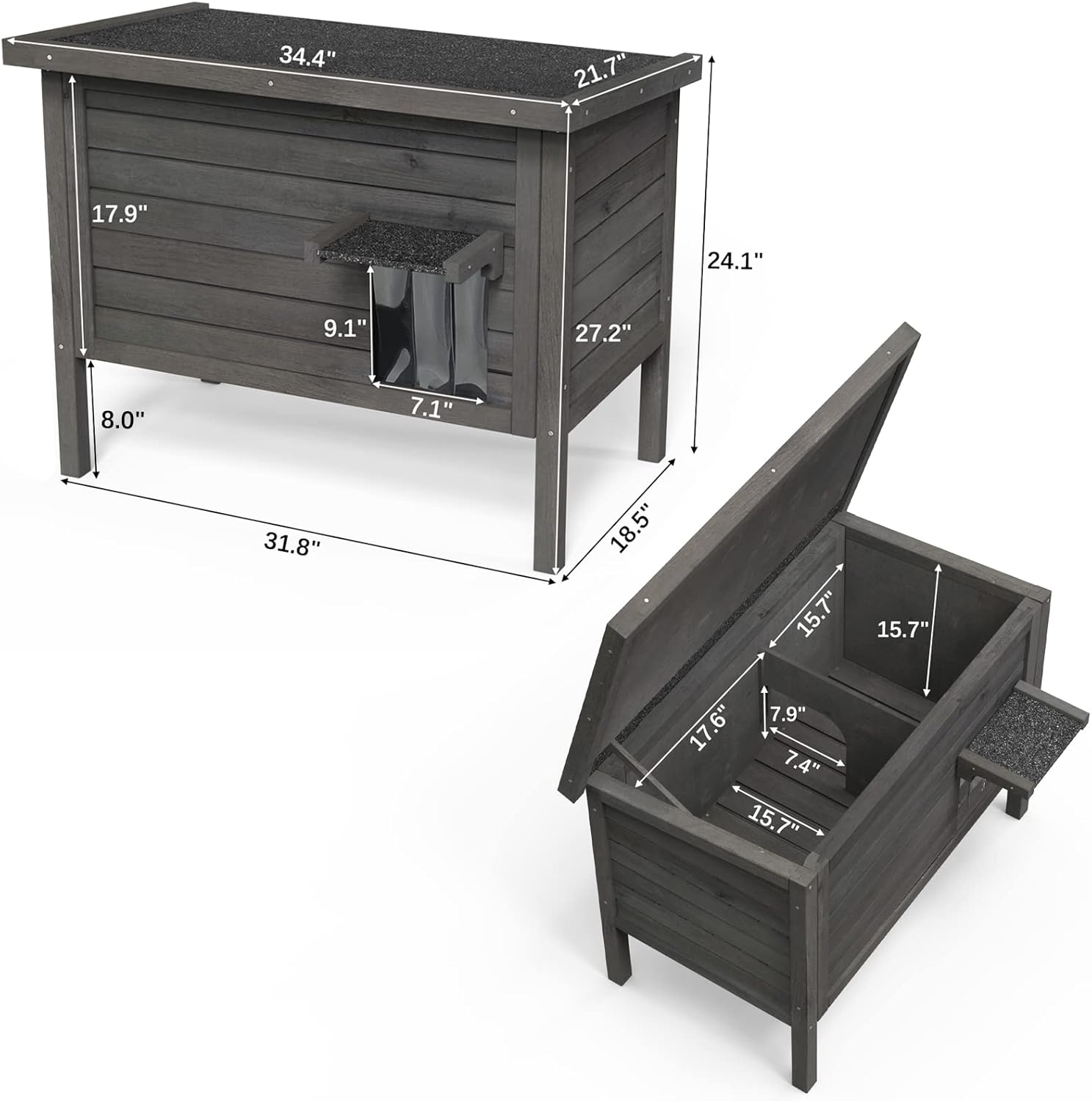 Large Dark Gray Insulated Outdoor Wooden Cat House