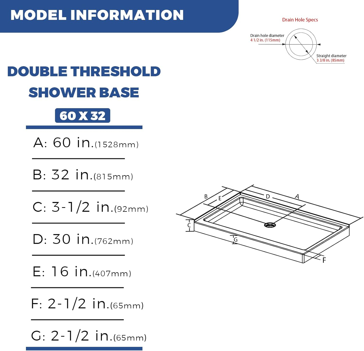CKB 60 in. L x 32 in. W Right Drain Shower Base, Single Threshold Shower Pan with Slip Resistant Textured Surface, White