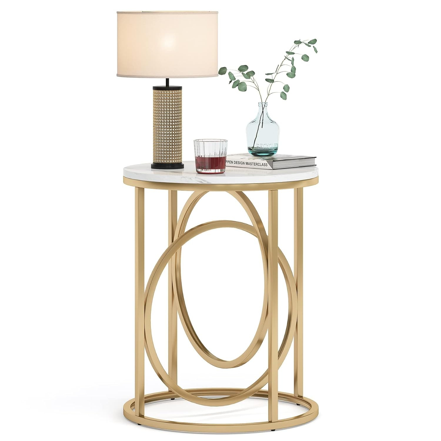 Tribesigns Morden Round End Table with Faux Marble White Top, 20" Sofa Side Table Coffee Table Cocktail Table with Unique Gold O-shaped Base for Living Room Bedroom