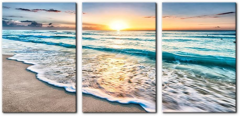 Asdg12s-3 Panel Wall Art Blue Sea Sunset White Beach Painting The Picture Print On Canvas Seascape The Pictures for Home Decor Decoration,Ready to Hang