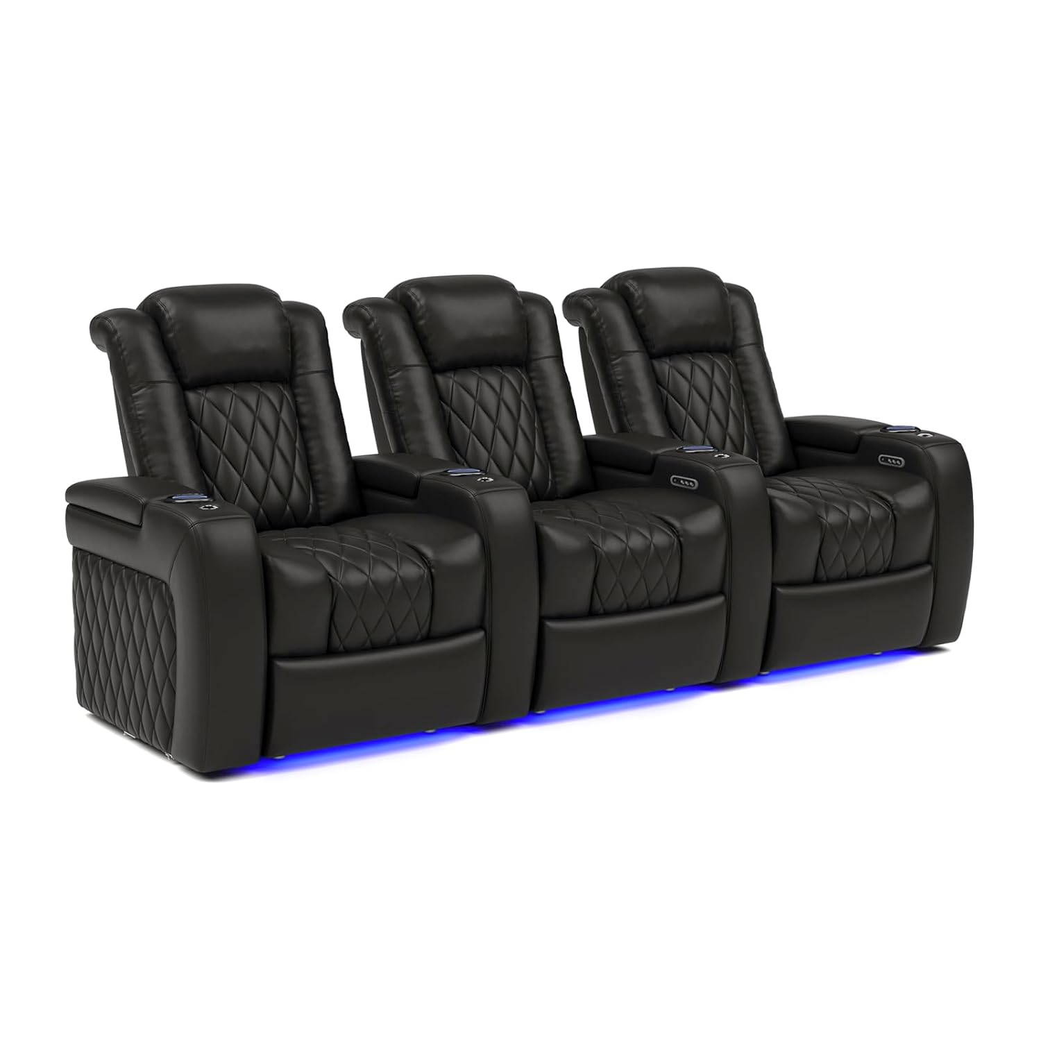 Valencia Tuscany Home Theater Seat - Nappa Leather Power Recliner with Cool Gel Memory Foam, USB-C/USB-A Charging, RGB LED Lights, Adjustable Lumbar & Headrest (Row of 3, Black)