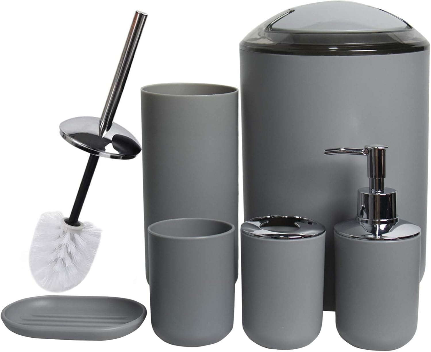 CERBIOR Bathroom Accessories Set Bath Ensemble Includes Soap Dispenser, Toothbrush Holder, Tumbler, Soap Dish for Decorative Countertop and Housewarming Gift (Grey)