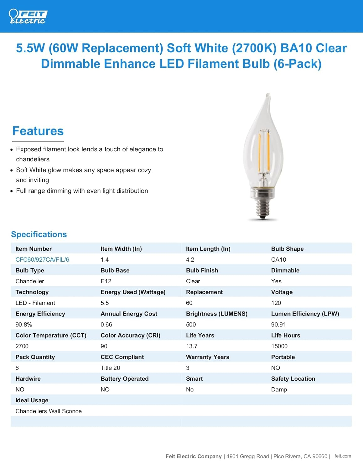 60 W Equivalent Soft White CA10 Dimmable Enhance Decorative Candelabra LED Light Bulb (6-Pack)