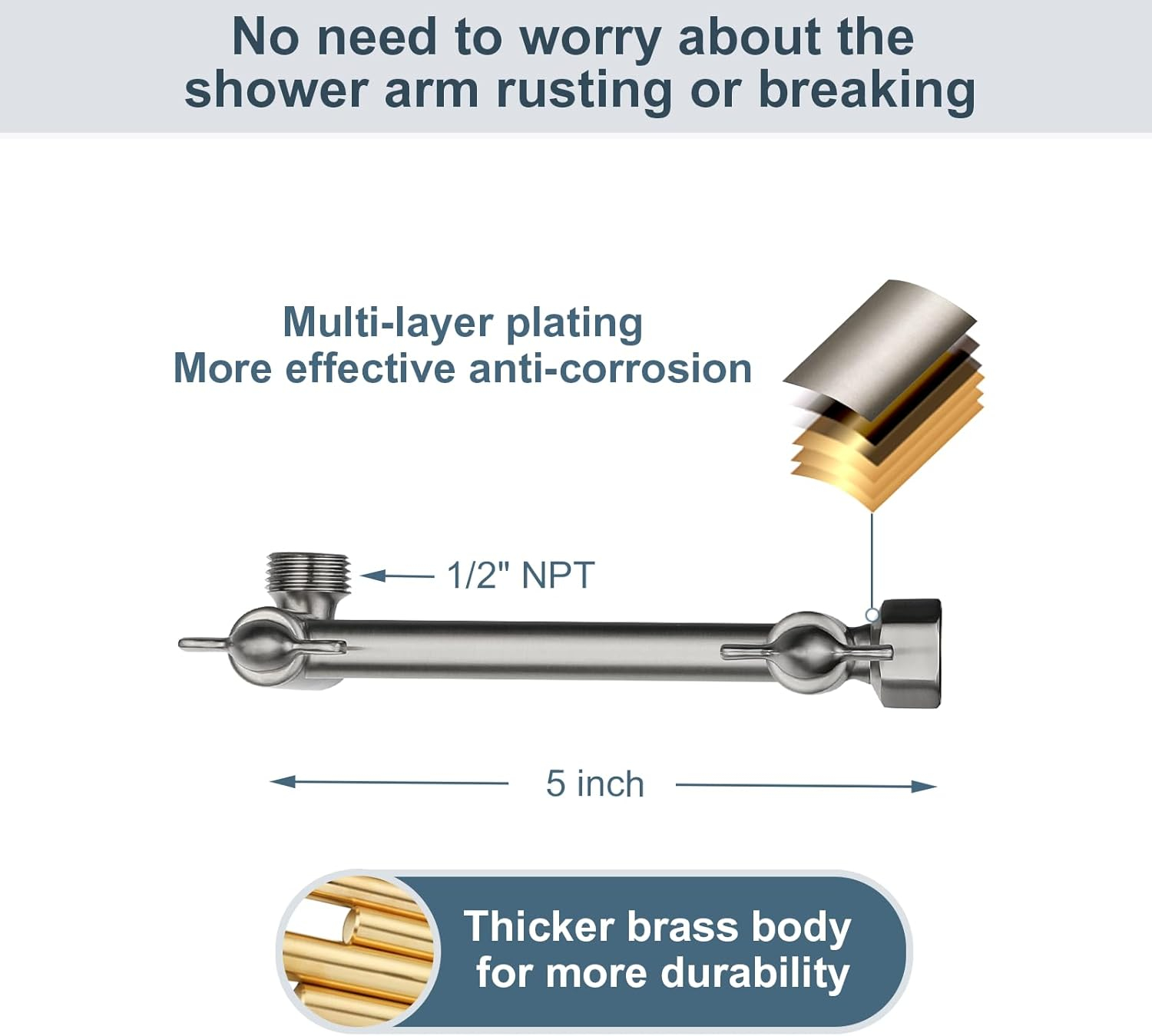 BRIGHT SHOWERS Brass Shower Arm Extender for Rain and Handheld Shower Head, 5 Inch Universal Shower Head Extension Arm, Height & Angle Adjustable, Brushed Nickel