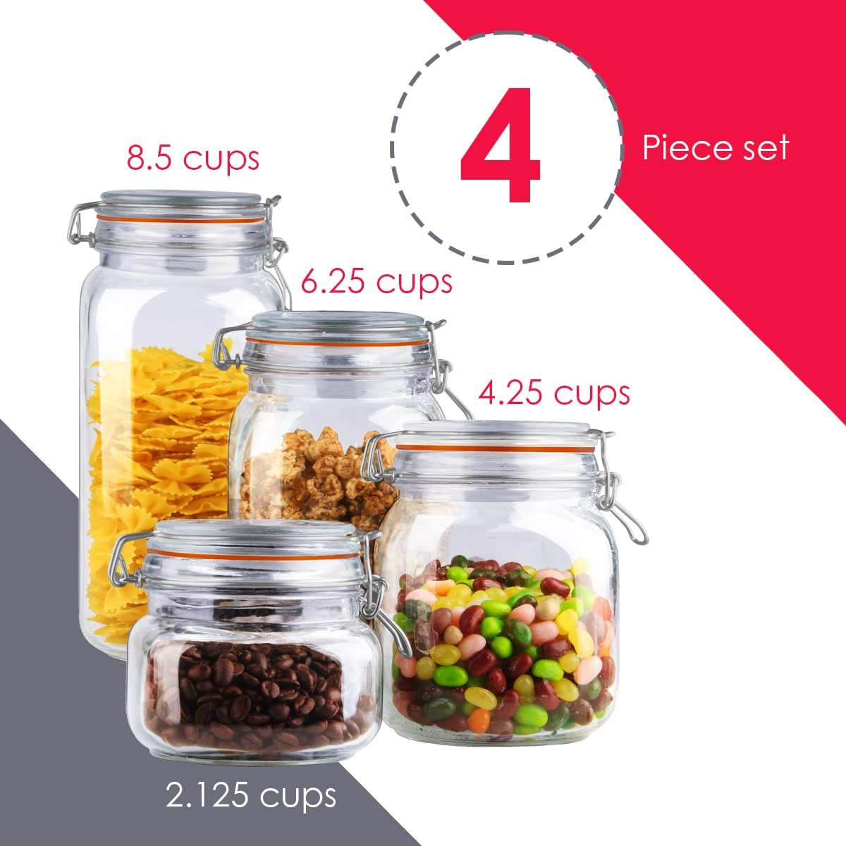 Home Basics Canister Sets For The Kitchen, (4 Piece Set) Clear Glass Decorative Countertop Set | With Metal Latches and Silicone Seals | For Flour, Sugar, Coffee, and Snacks